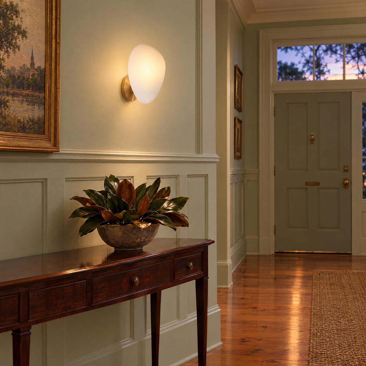 Opaline wall sconce in White & Gold, shape ∅7.8" x H11.8" in a Charleston single house entryway