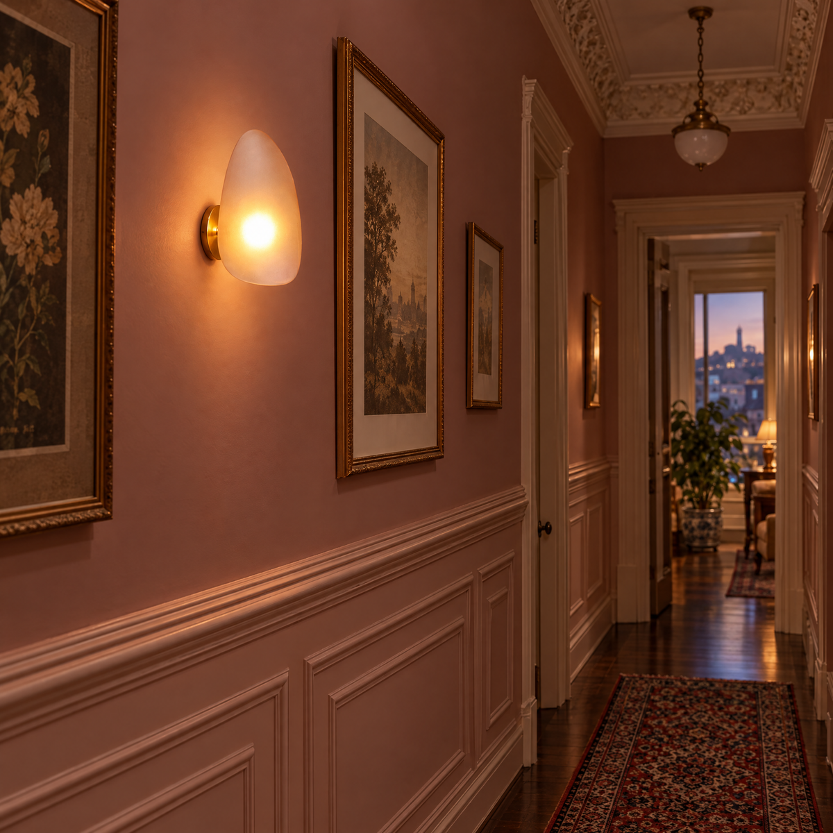 Opaline wall sconce in Amber & Gold, shape ∅7.1" x H11.8" in a Victorian San Francisco row house hallway
