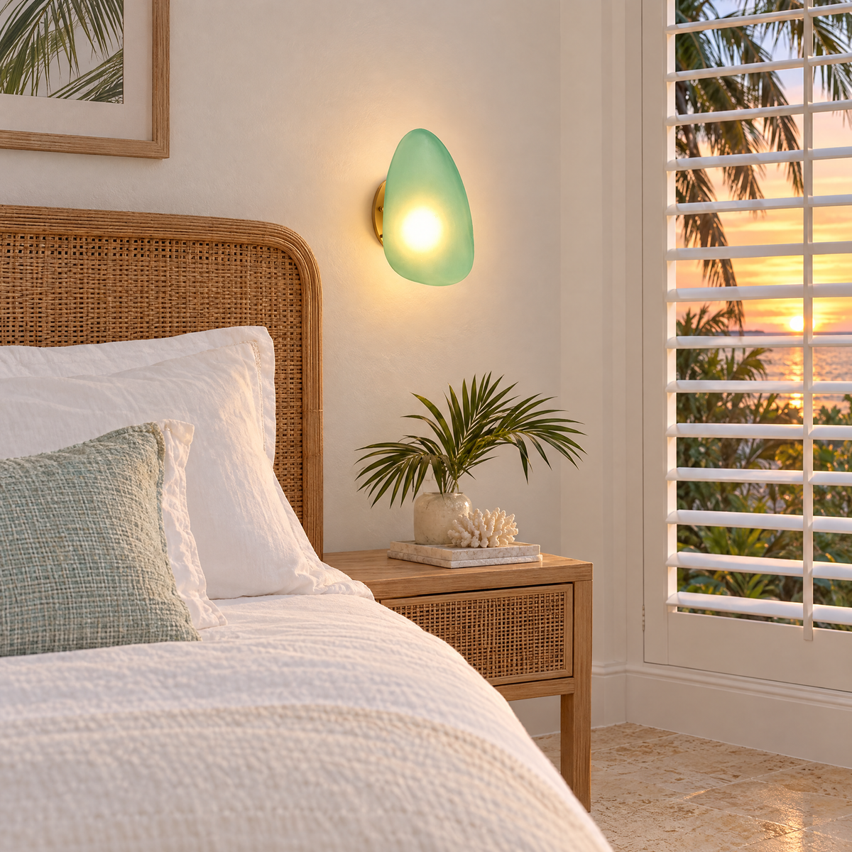 Opaline wall sconce in Green & Gold, shape ∅7.1" x H11.8" in a Florida coastal home bedroom