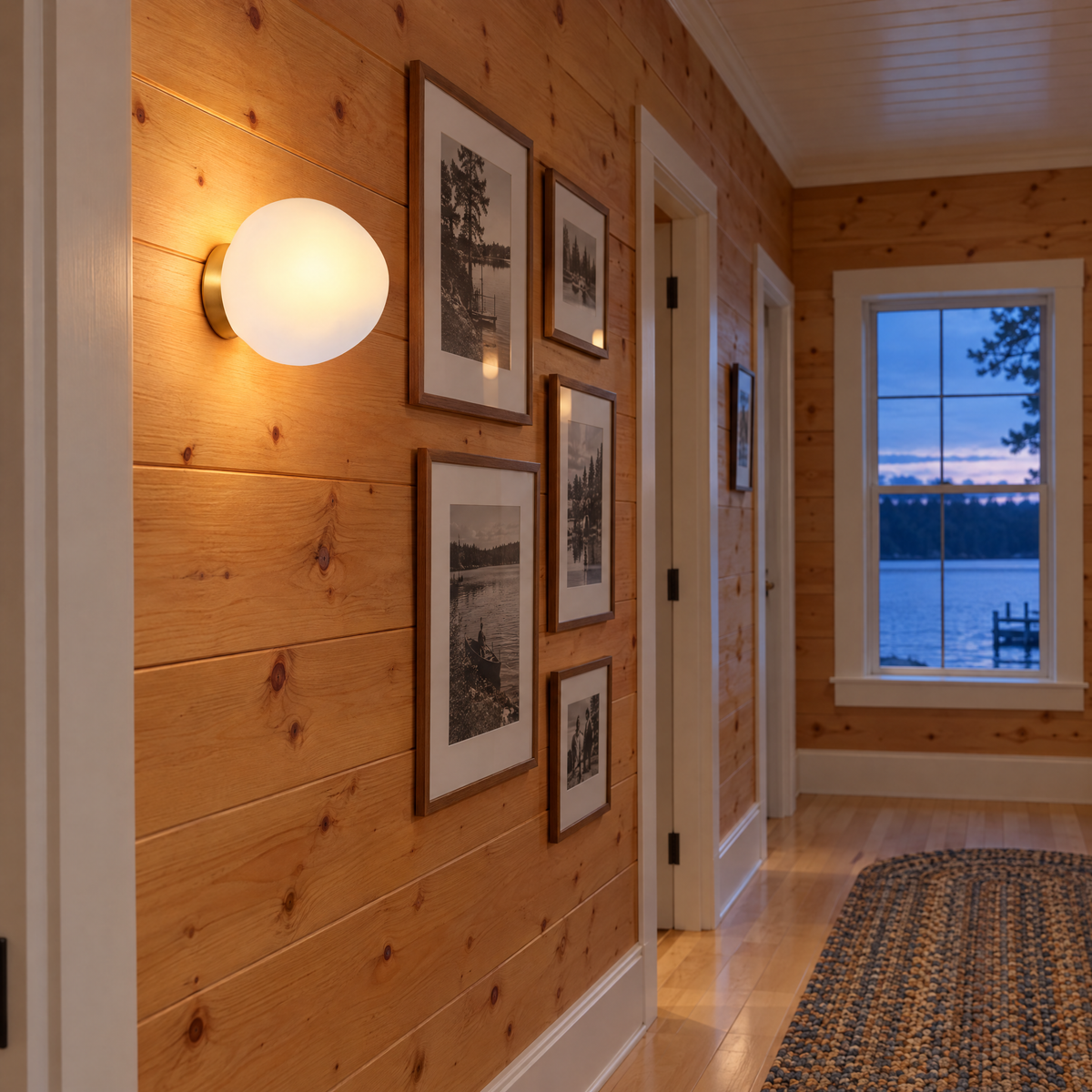 Opaline wall sconce in White & Gold, shape ∅8.6" x H8.6" in a Minnesota lake house hallway