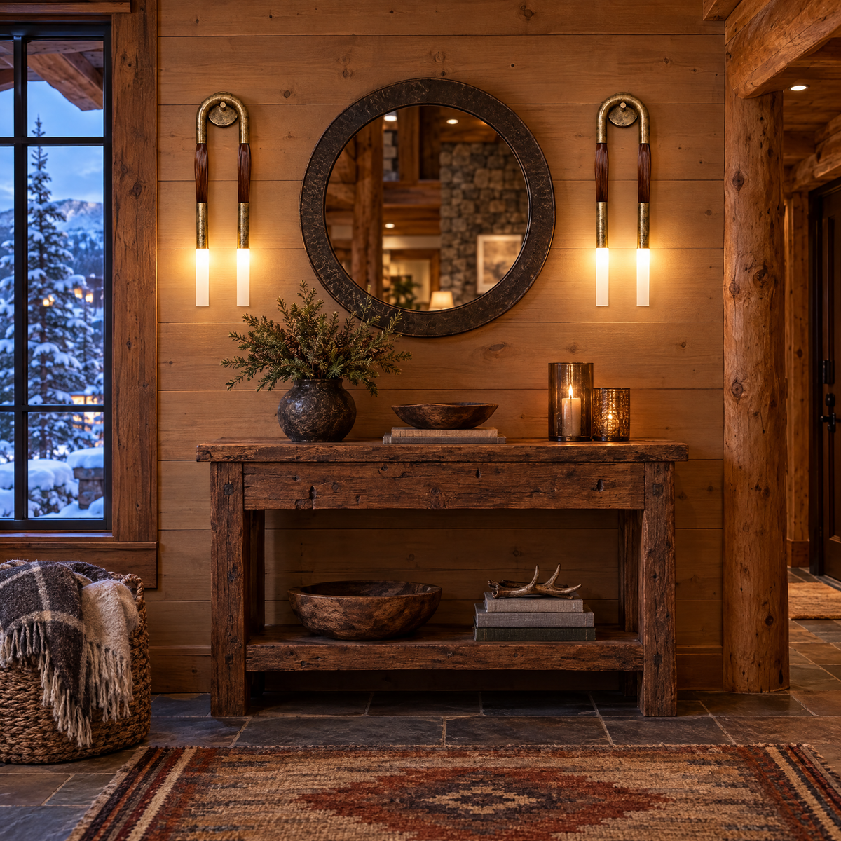 Palomino wall sconce in aged bronze & brown in a Colorado mountain lodge entryway