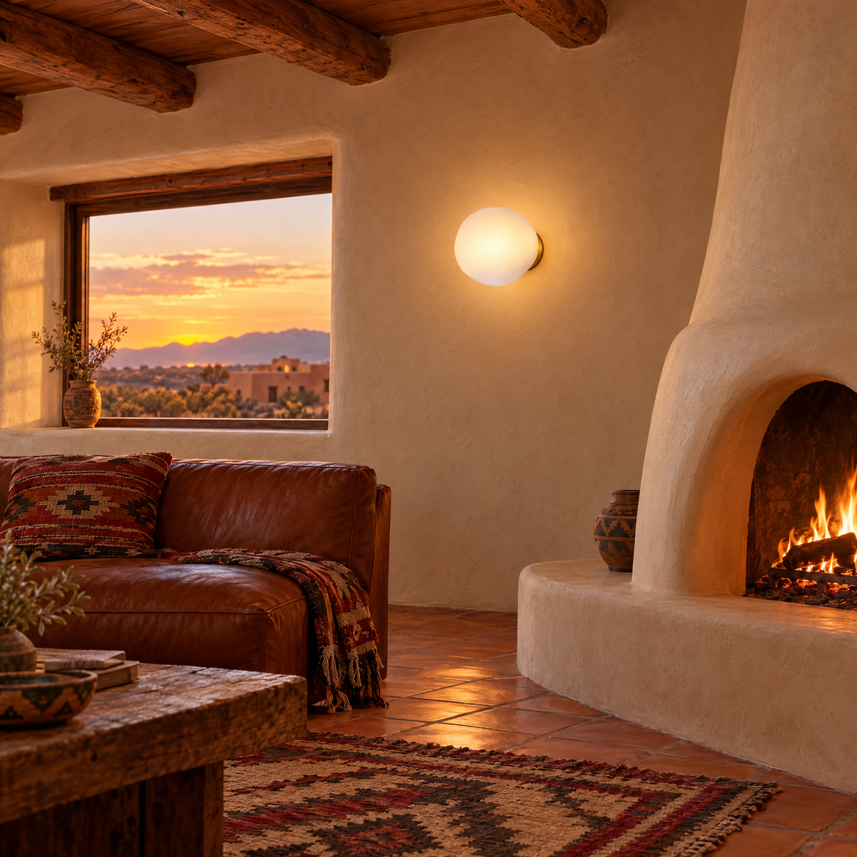 Opaline wall sconce in White & Gold, shape ∅8.6" x H8.6" in a Santa Fe pueblo-style living room