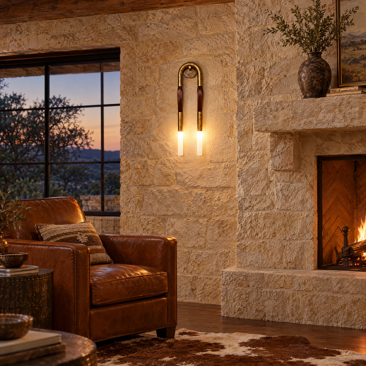 Palomino wall sconce in aged bronze & brown in a Texas Hill Country stone house living room