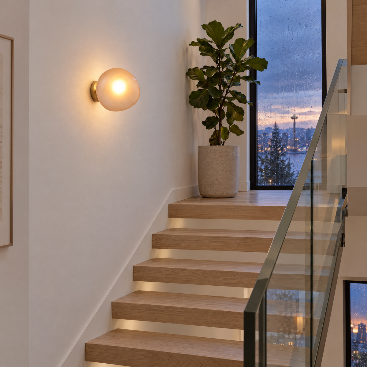 Opaline wall sconce in Amber & Gold, shape ∅8.6" x H8.6" in a Seattle modern townhouse stairwell