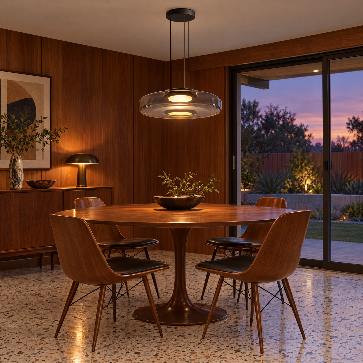 Echelon glass pendant light in smoke grey with 1 glass layer over the table in a mid-century ranch dining room