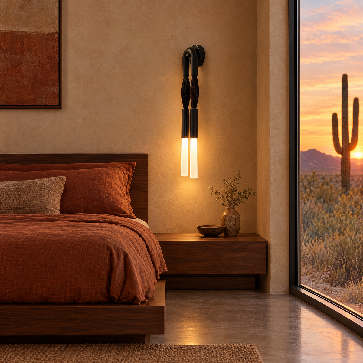 Palomino wall sconce in black in an Arizona desert modern adobe bedroom