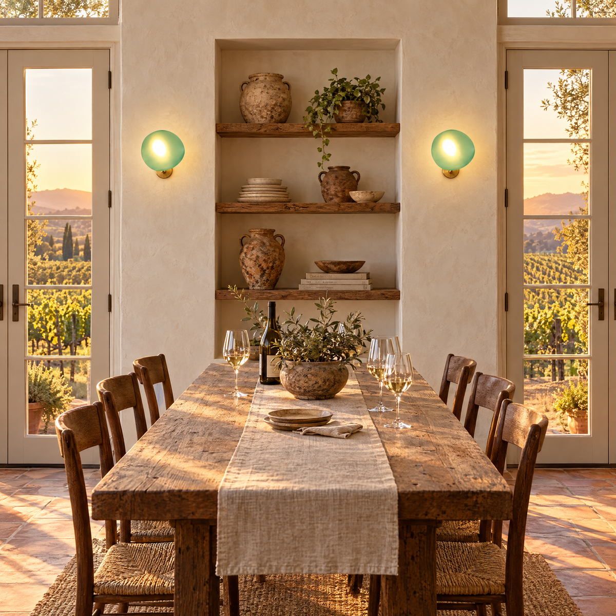Opaline wall sconce in Green & Gold, shape ∅8.6" x H8.6" in a Napa Valley farmhouse dining room