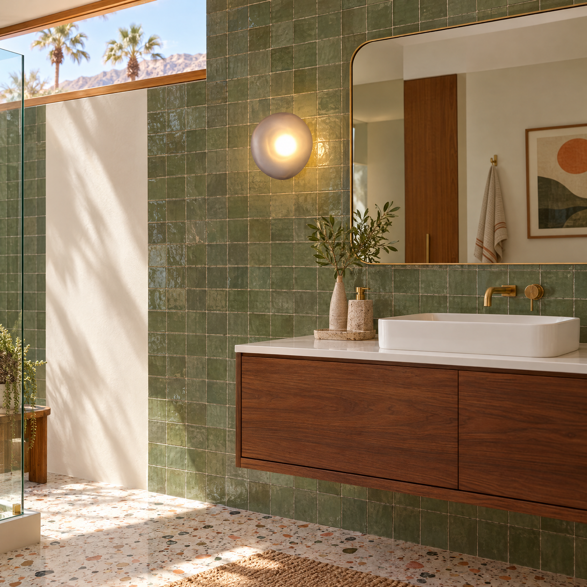 Opaline wall sconce in Smoky Gray & Gold, shape ∅8.6" x H8.6" in a Palm Springs mid-century bathroom