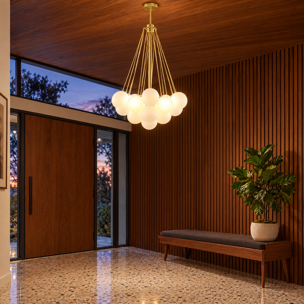 Bulle bubble chandelier in gold & white frosted glass, ∅15.8" x H33.5", in a mid-century ranch entryway
