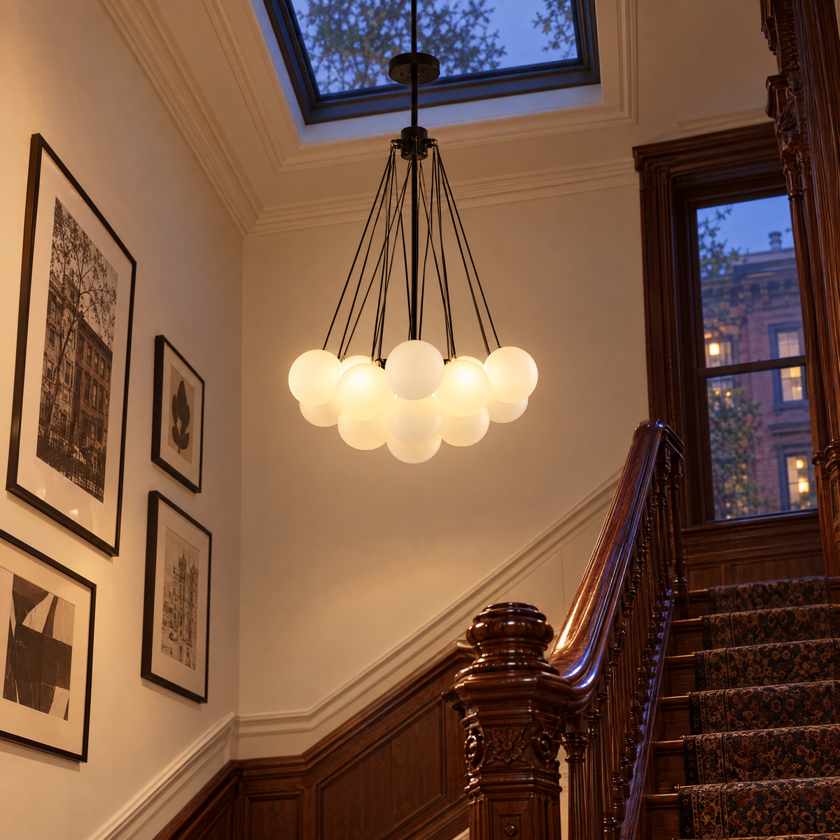 Bulle bubble chandelier in black & white frosted glass, ∅15.8" x H33.5", in a Brooklyn brownstone stairwell