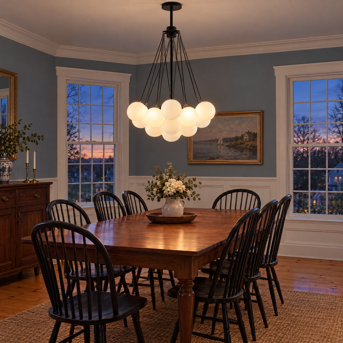 Bulle bubble chandelier in black & white frosted glass, ∅15.8" x H33.5", in a New England colonial dining room