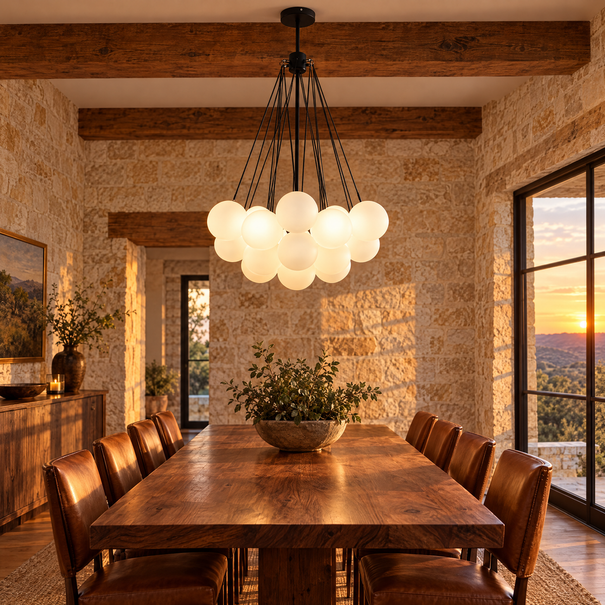 Bulle bubble chandelier in black & white frosted glass, ∅23.6" x H29.5", in a Texas Hill Country stone house dining room