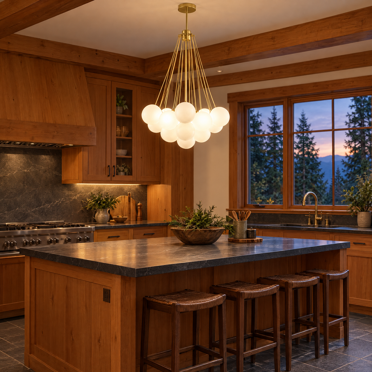 Bulle bubble chandelier in gold & white frosted glass, ∅23.6" x H29.5", in a Pacific Northwest craftsman kitchen
