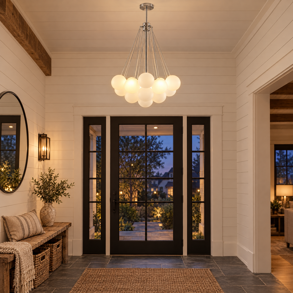 Bulle bubble chandelier in chrome & white frosted glass, ∅15.8" x H33.5", in a modern farmhouse foyer