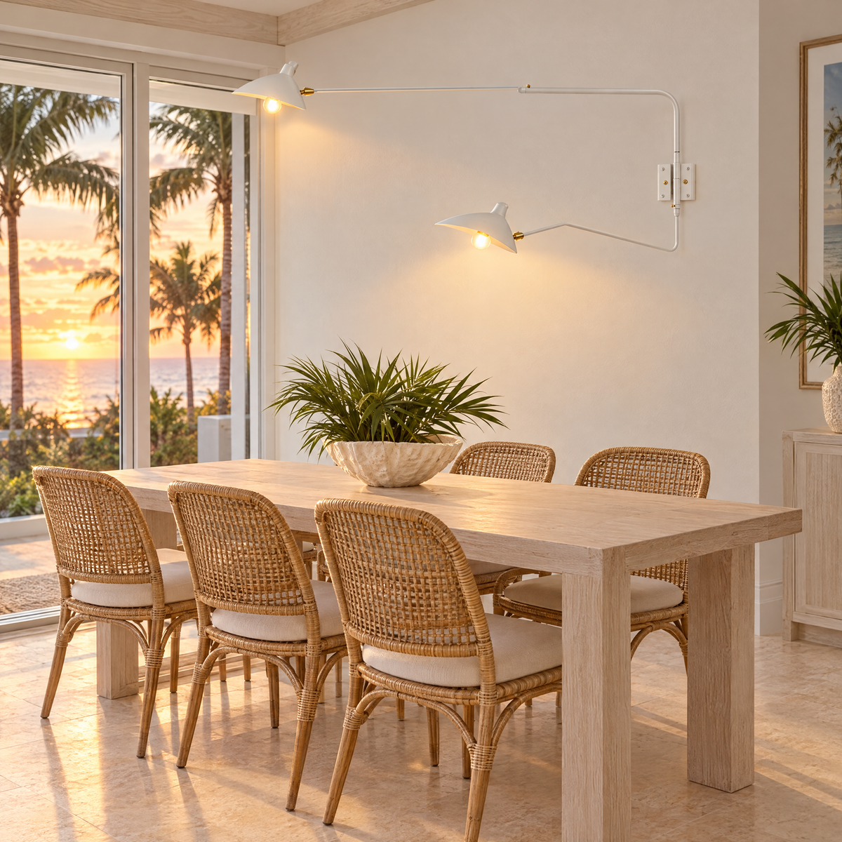 Rivoli swing arm wall sconce in White, two-arm in a Florida coastal home dining room