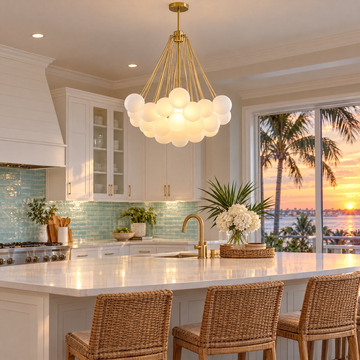 Bulle bubble chandelier in gold & white frosted glass, ∅29.5" x H29.5", in a Florida coastal home kitchen