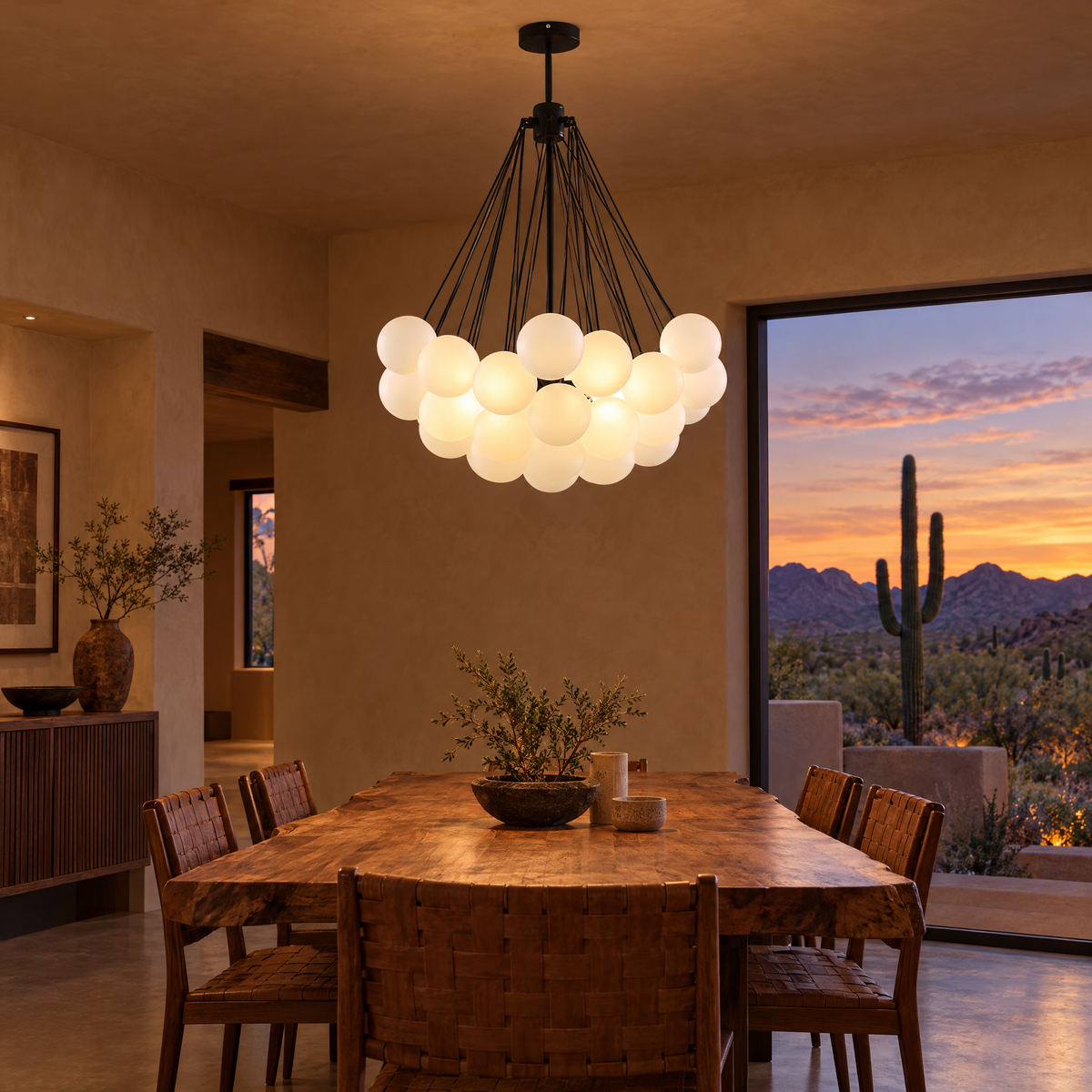 Bulle bubble chandelier in black & white frosted glass, ∅29.5" x H29.5", in an Arizona desert modern adobe dining room