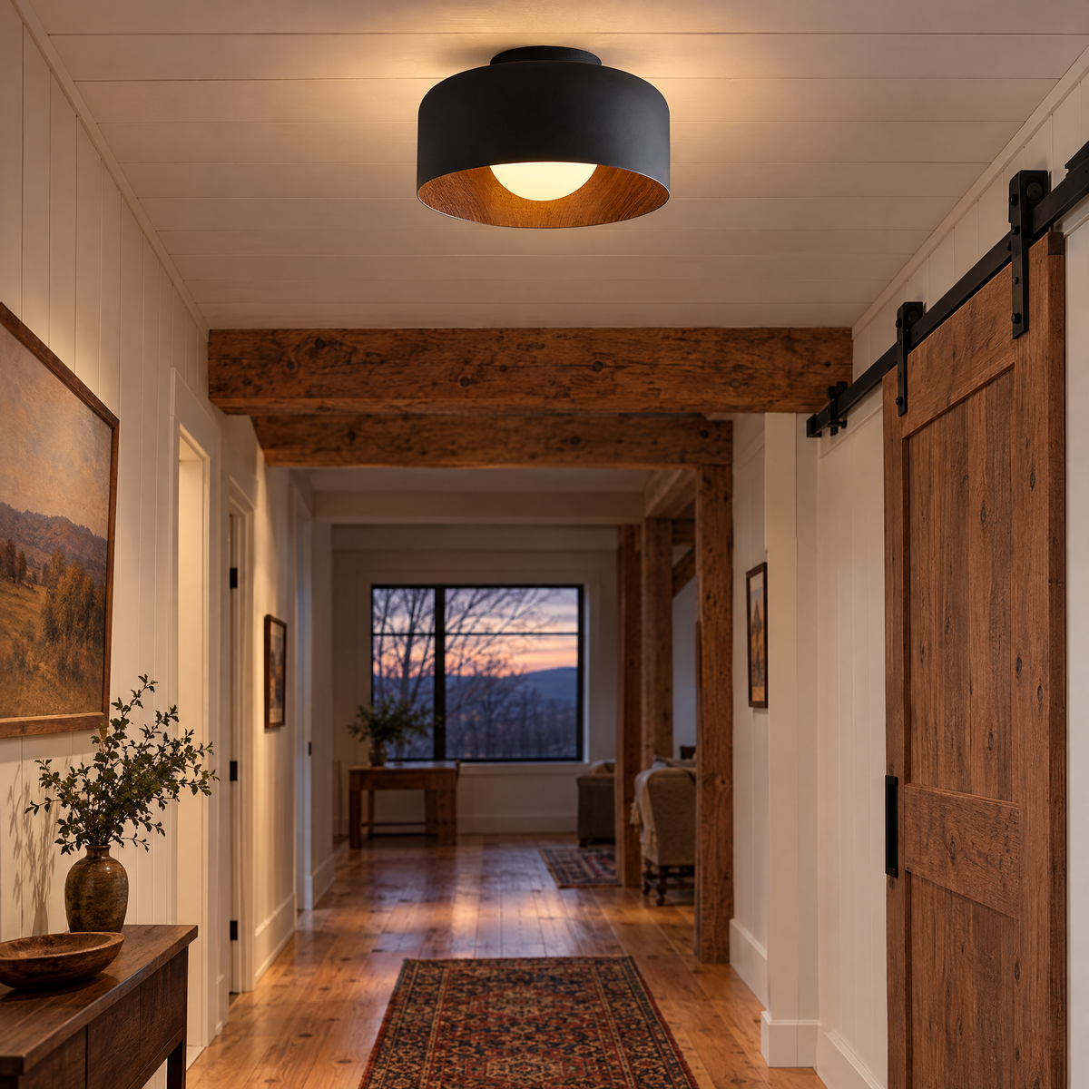 Lumosphere ceiling light in black & walnut grain in an Upstate New York barn conversion hallway