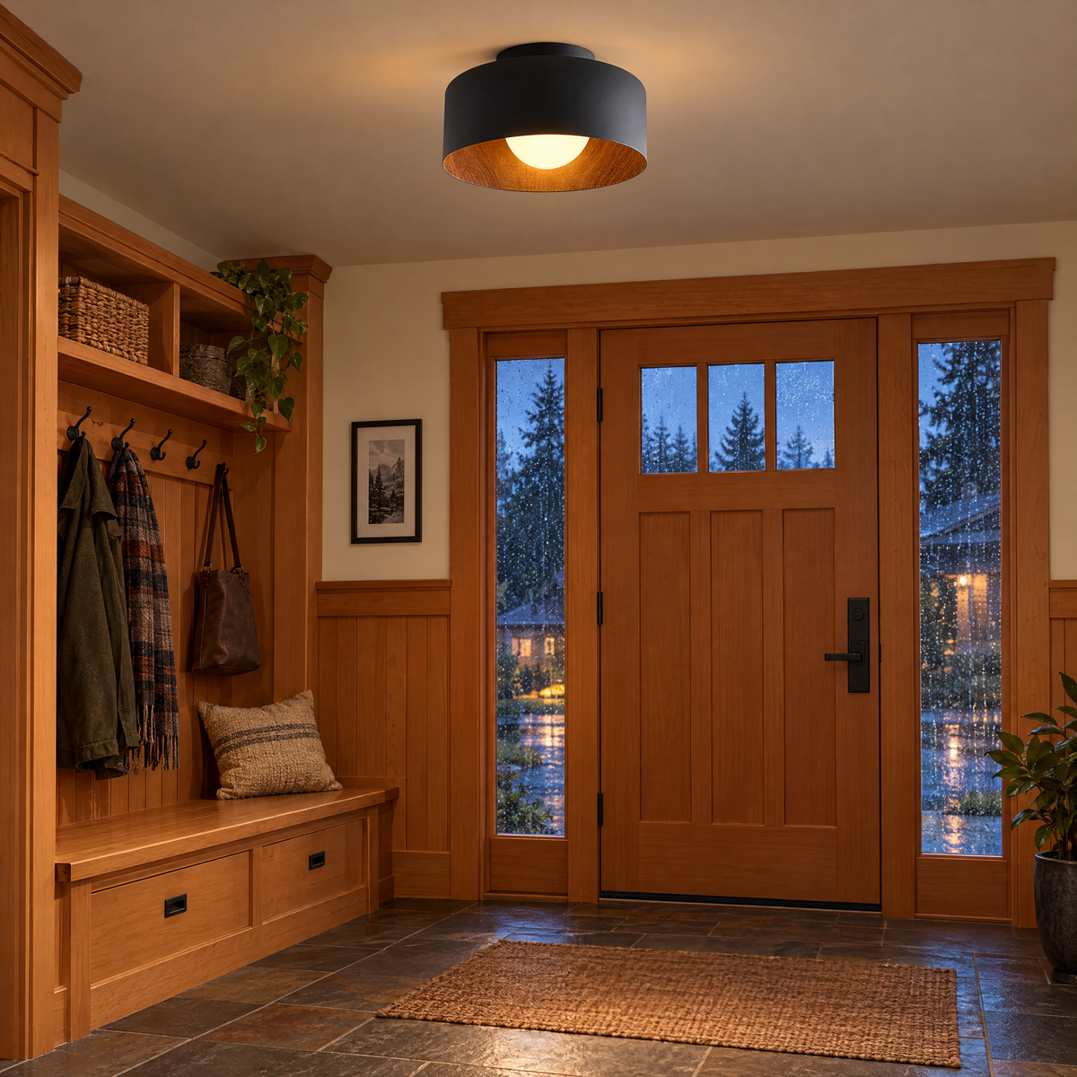 Lumosphere ceiling light in black & walnut grain in a Pacific Northwest craftsman entryway