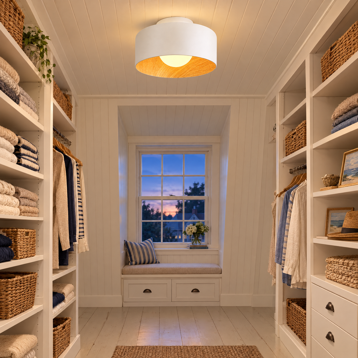 Lumosphere ceiling light in white & wood grain in a Cape Cod cottage walk-in closet