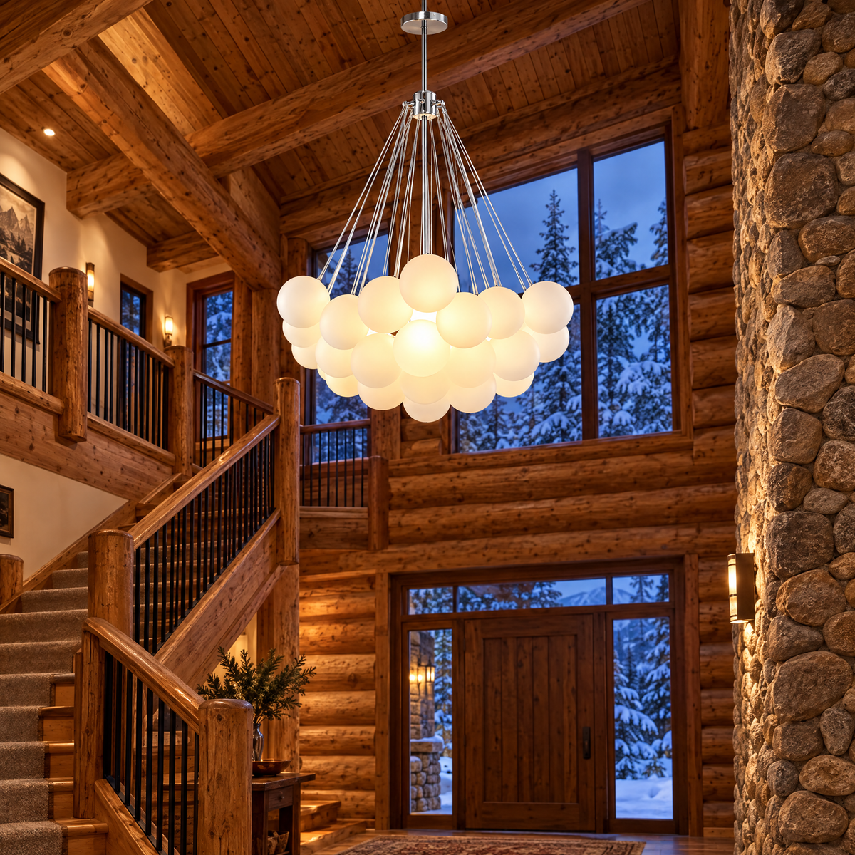 Bulle bubble chandelier in chrome & white frosted glass, ∅29.5" x H29.5", in a Colorado mountain lodge foyer