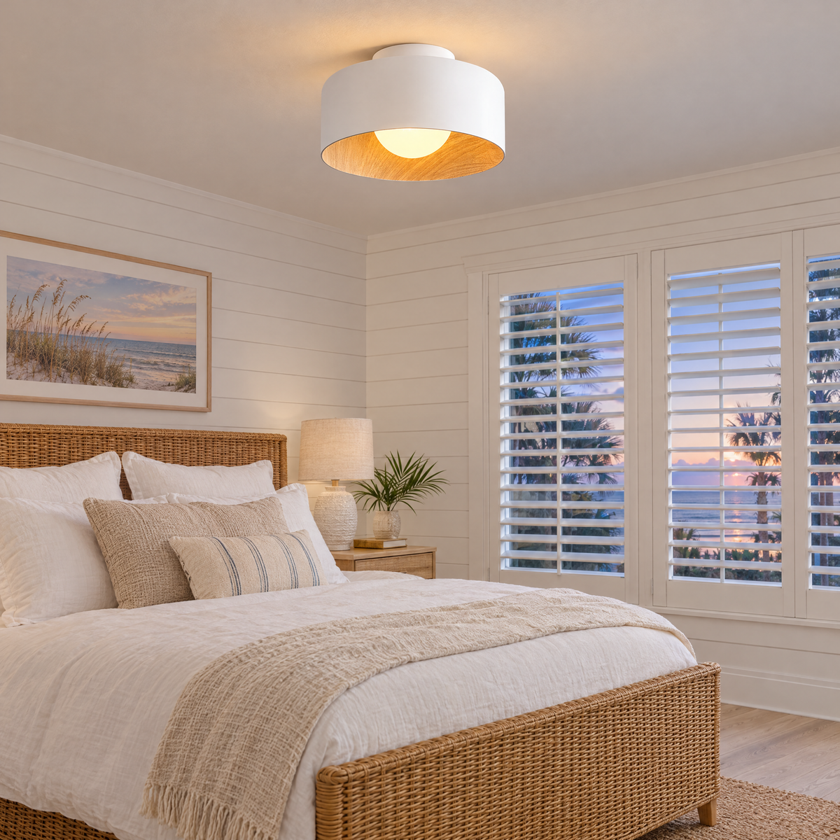 Lumosphere ceiling light in white & wood grain in a Florida coastal home bedroom