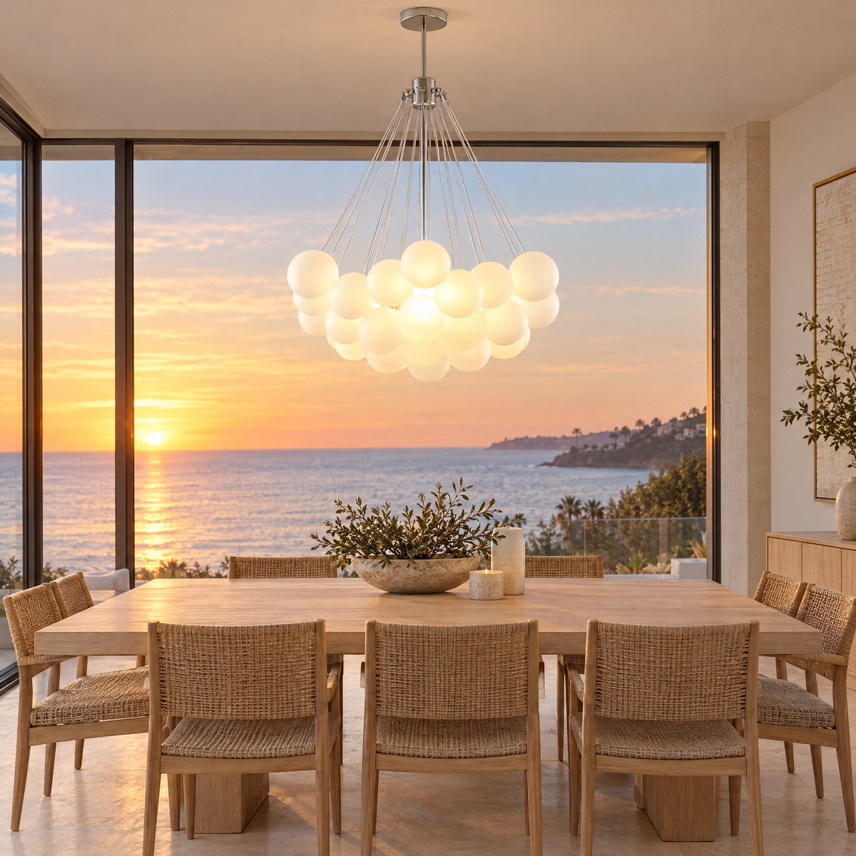 Bulle bubble chandelier in chrome & white frosted glass, ∅31.5" x H39.4", in a Malibu contemporary dining room