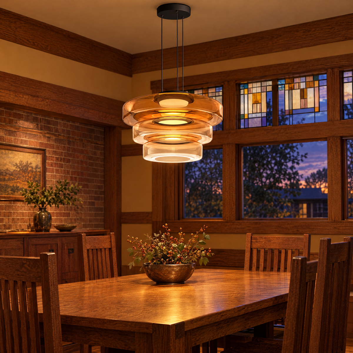 Echelon glass pendant light in amber with 3 glass layers in a Prairie-style home dining room