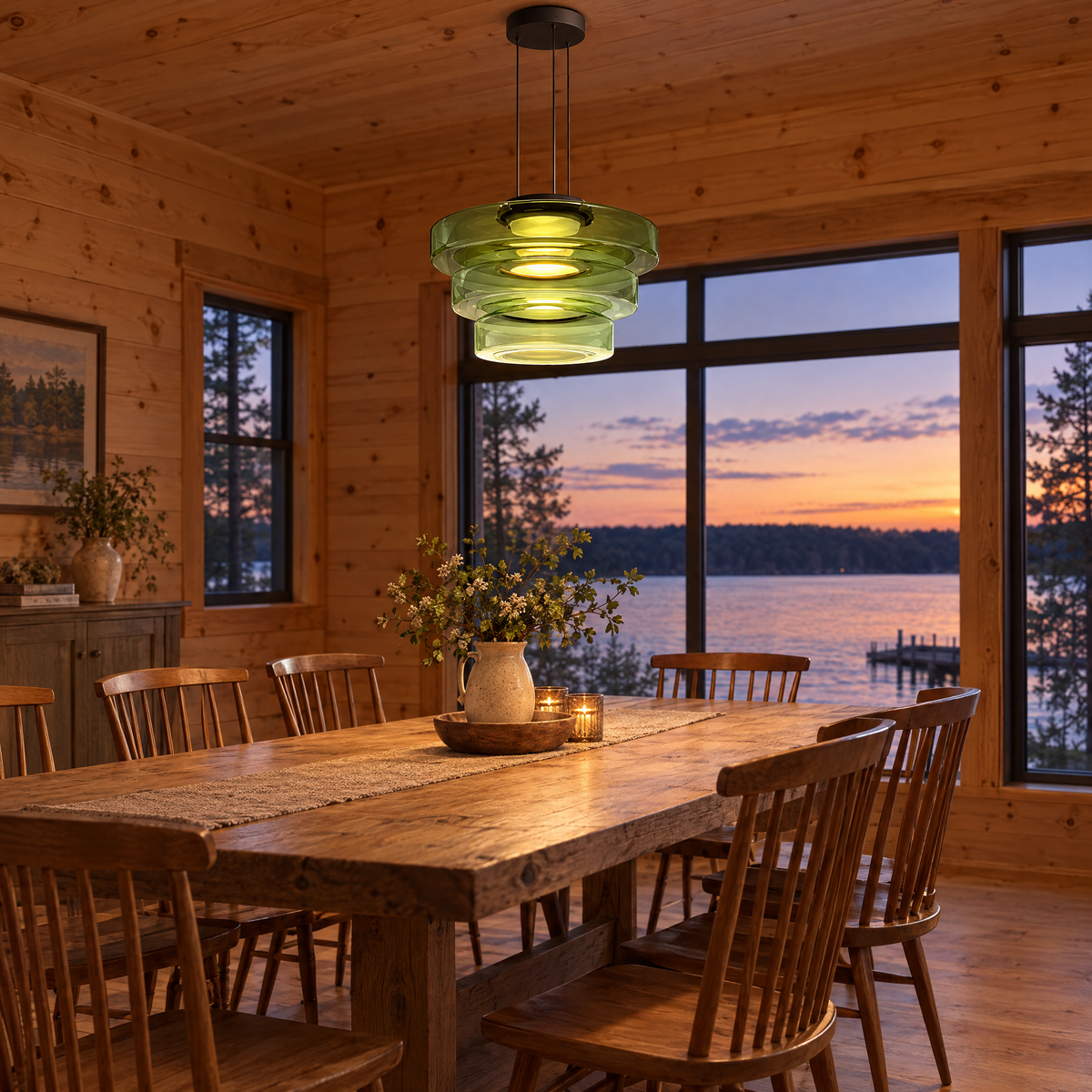 Echelon glass pendant light in green with 3 glass layers in a Minnesota lake house dining room