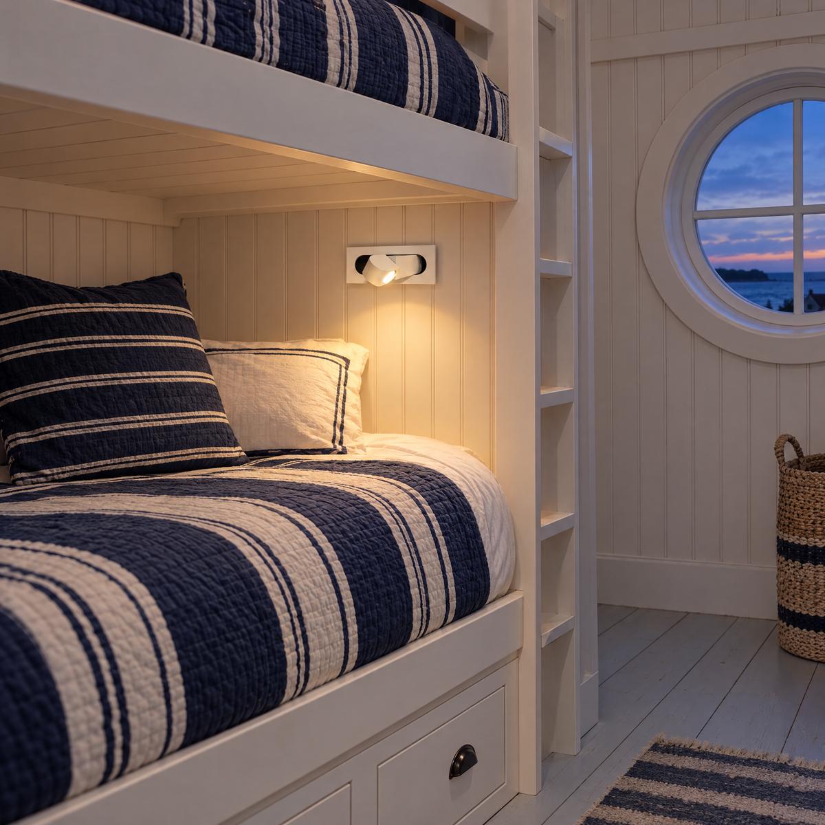 Lectra bedside reading wall light in matte white in a Cape Cod cottage kids bunk room