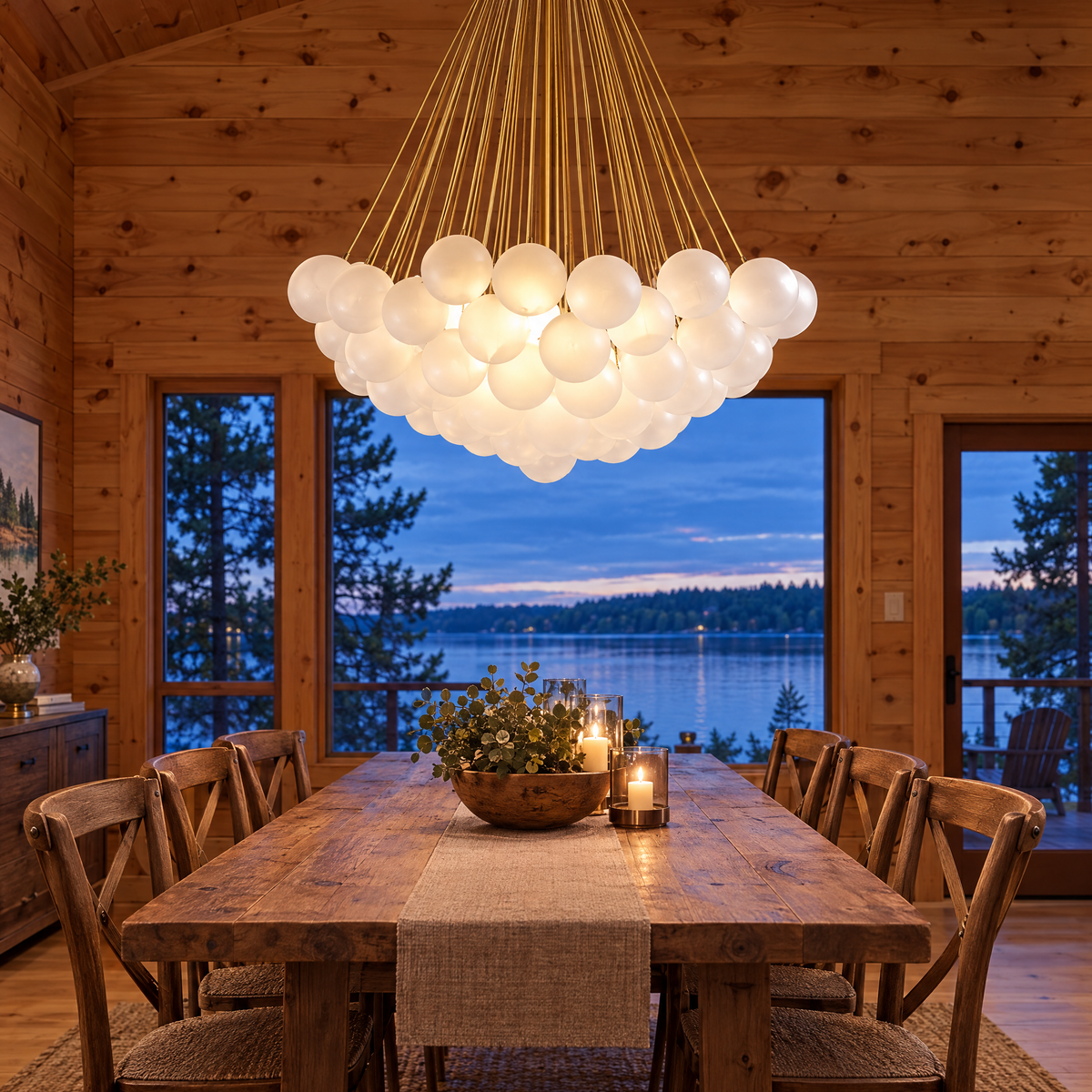 Bulle bubble chandelier in gold & white frosted glass, ∅39.4" x H59", in a Minnesota lake house dining room