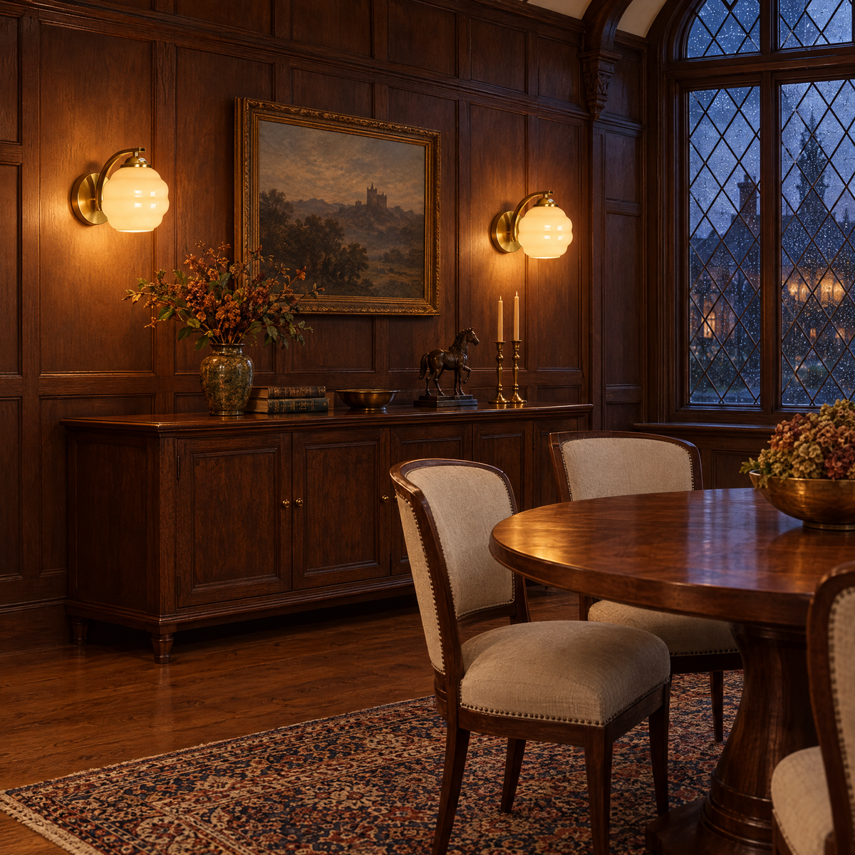 Deauville Art Deco wall sconce in Gold & Beige Glass in a Tudor Revival dining room