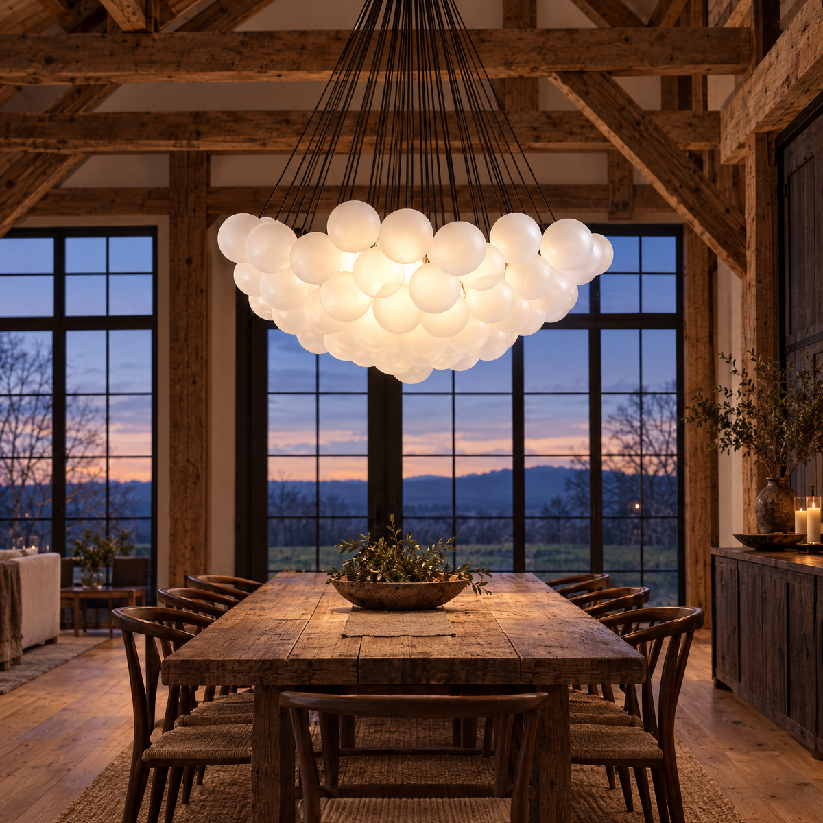 Bulle bubble chandelier in black & white frosted glass, ∅39.4" x H59", in an Upstate New York barn conversion dining room