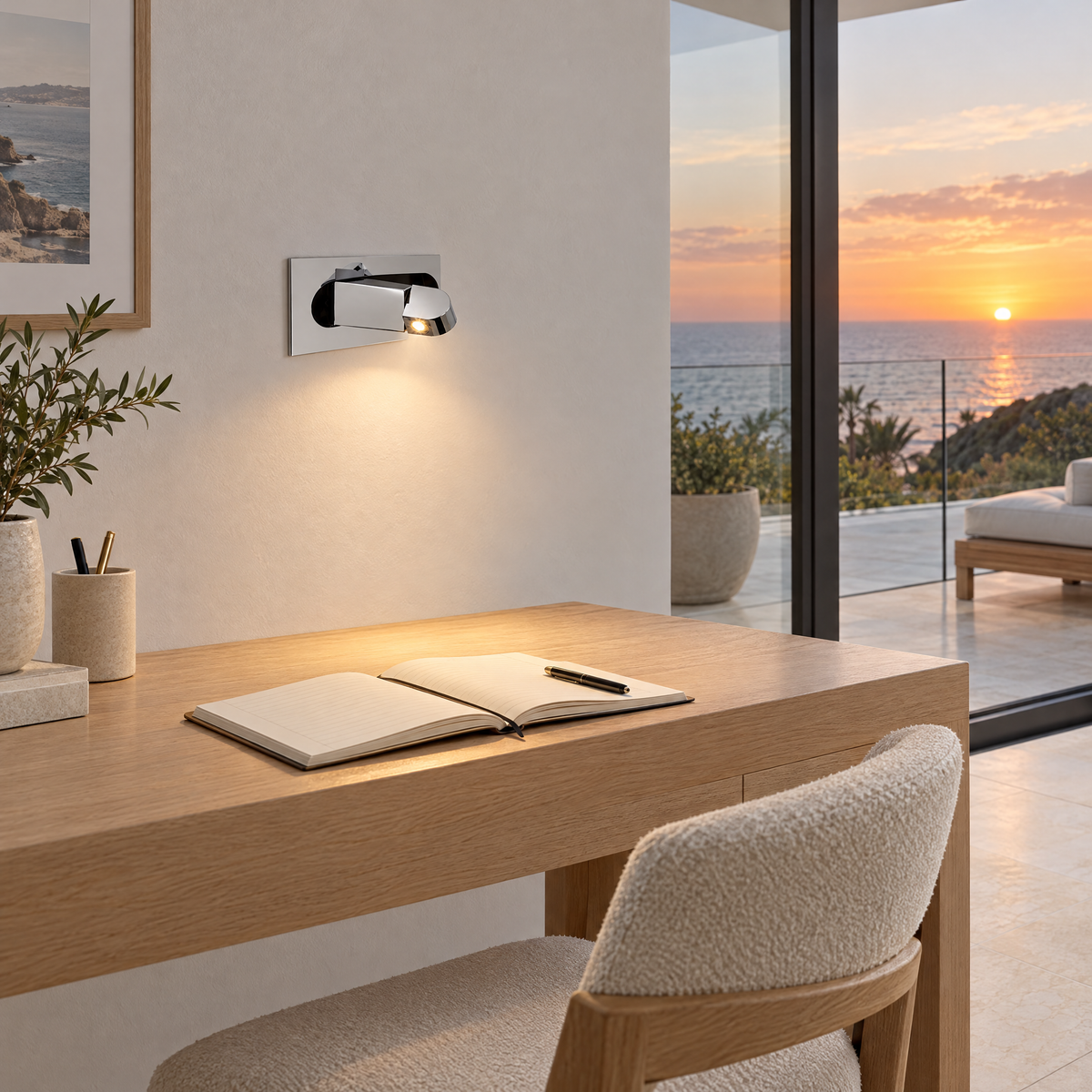 Lectra bedside reading wall light in chrome in a Malibu contemporary home office