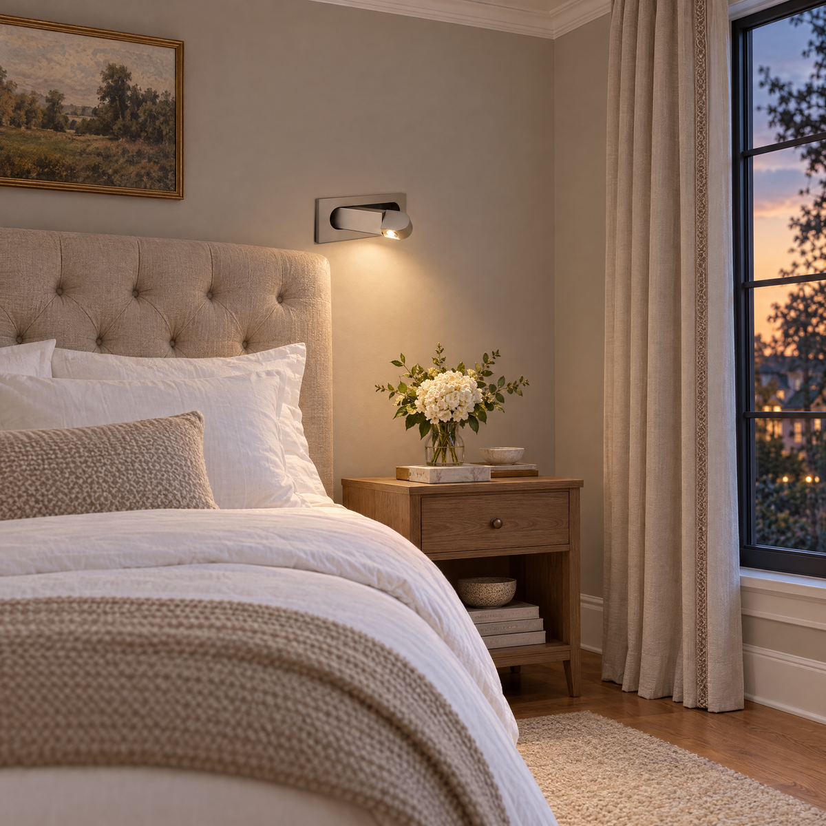 Lectra bedside reading wall light in nickel in an Atlanta transitional home bedroom