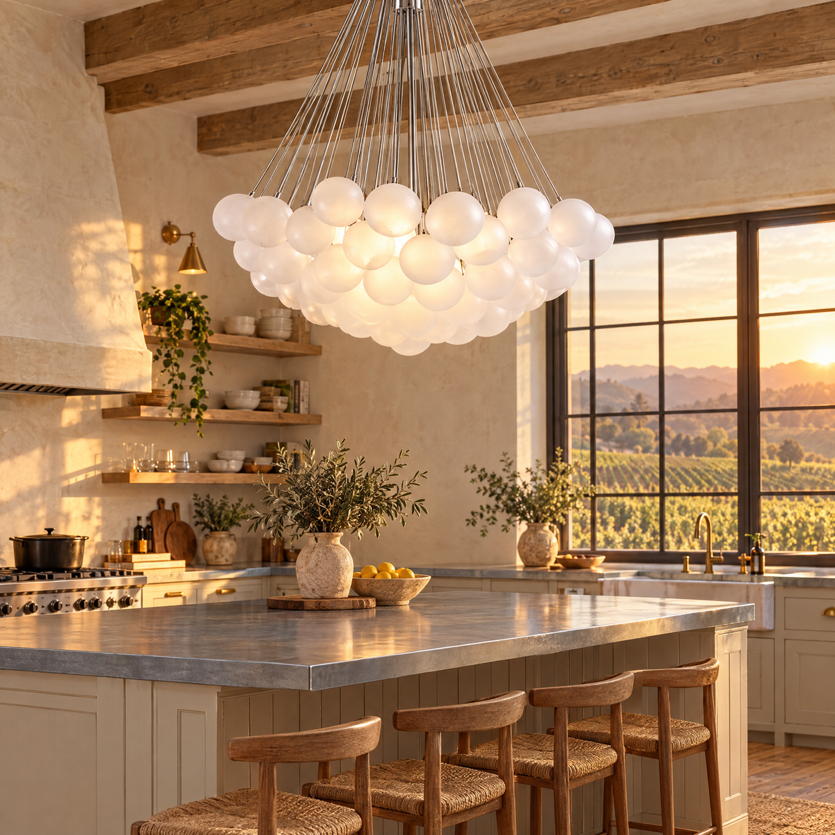 Bulle bubble chandelier in chrome & white frosted glass, ∅39.4" x H59", in a Napa Valley farmhouse kitchen