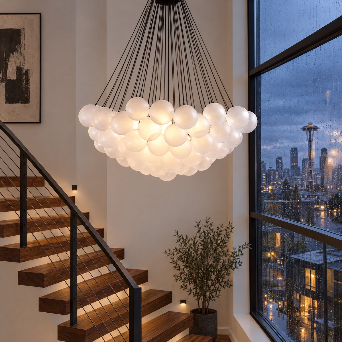 Bulle bubble chandelier in black & white frosted glass, ∅39.4" x H59", in a Seattle modern townhouse stairwell