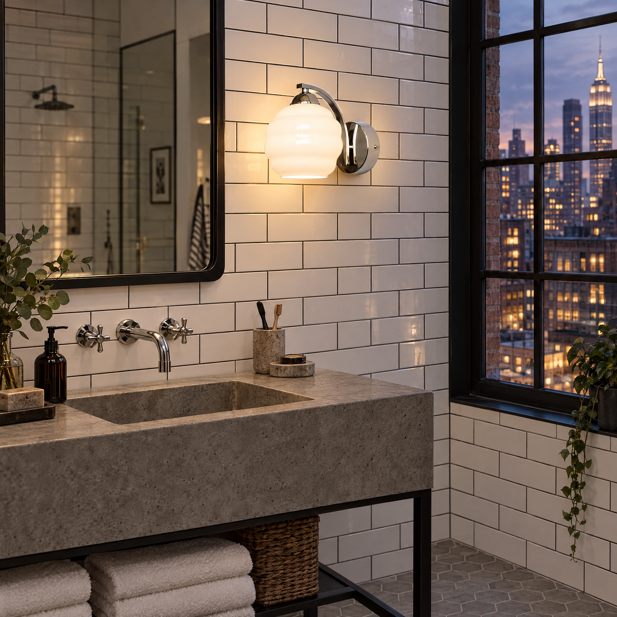 Deauville Art Deco wall sconce in Chrome & White Glass in a Manhattan loft bathroom