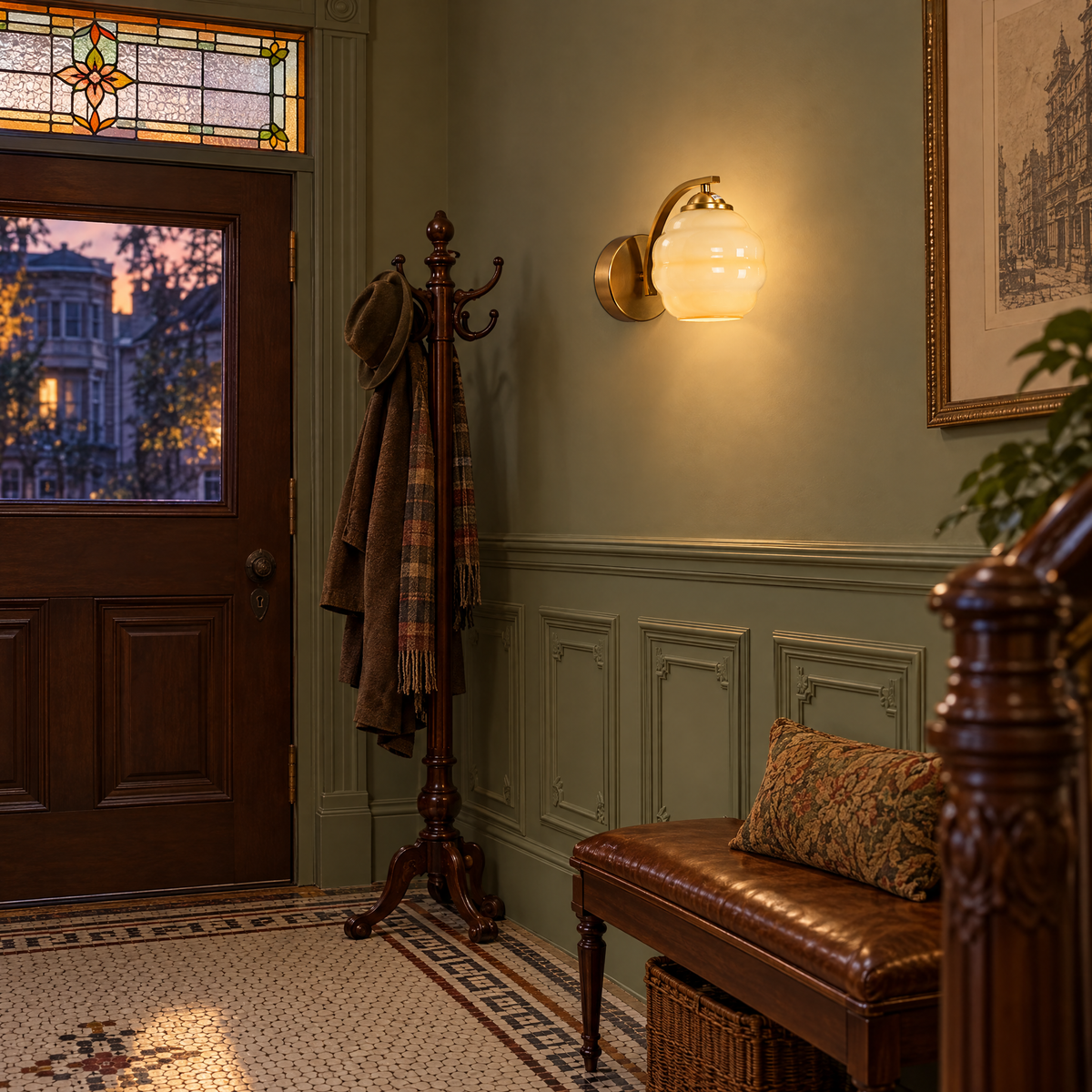 Deauville Art Deco wall sconce in Gold & Beige Glass in a Victorian San Francisco row house entryway