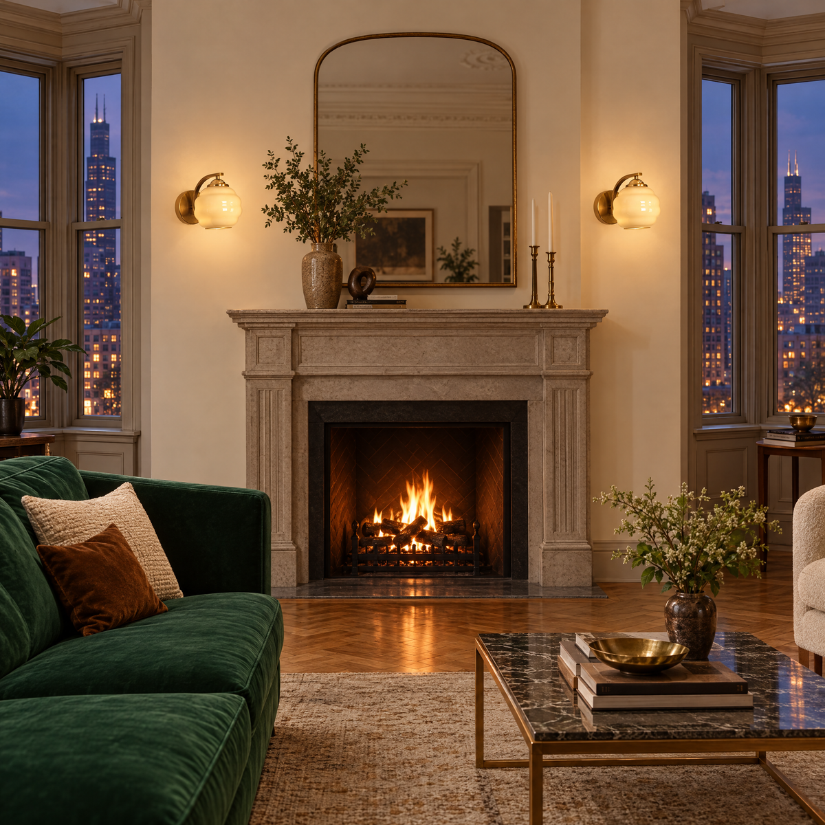 Deauville Art Deco wall sconce in Gold & Beige Glass in a Chicago greystone living room