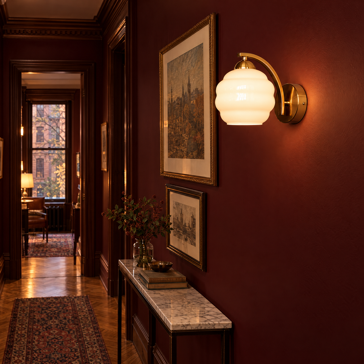 Deauville Art Deco wall sconce in Gold & White Glass in a Brooklyn brownstone hallway