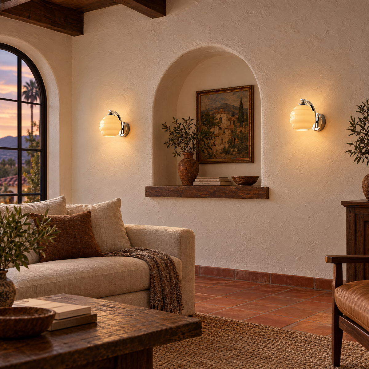 Deauville Art Deco wall sconce in Chrome & Beige Glass in a California Spanish Revival living room