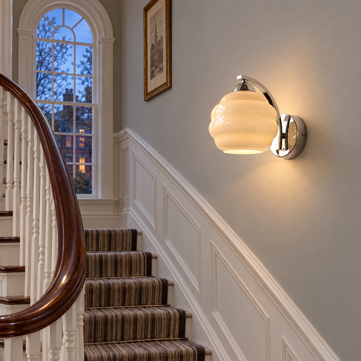 Deauville Art Deco wall sconce in Chrome & Beige Glass in a Boston Georgian townhouse stairwell