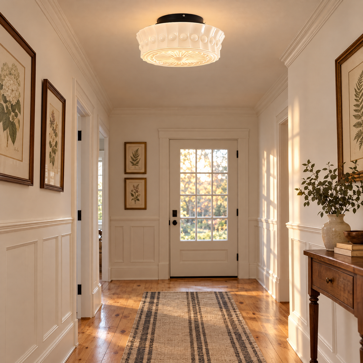 Hartwell flush mount ceiling light in Black & White in a New England colonial hallway