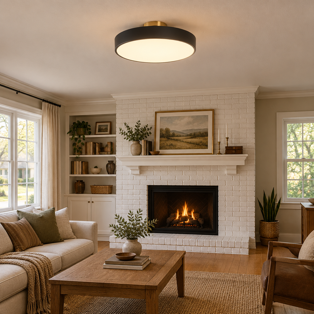 Tuva Flush Mount LED Ceiling Light, Black, in a cozy American suburban living room with a white brick fireplace and oak floors