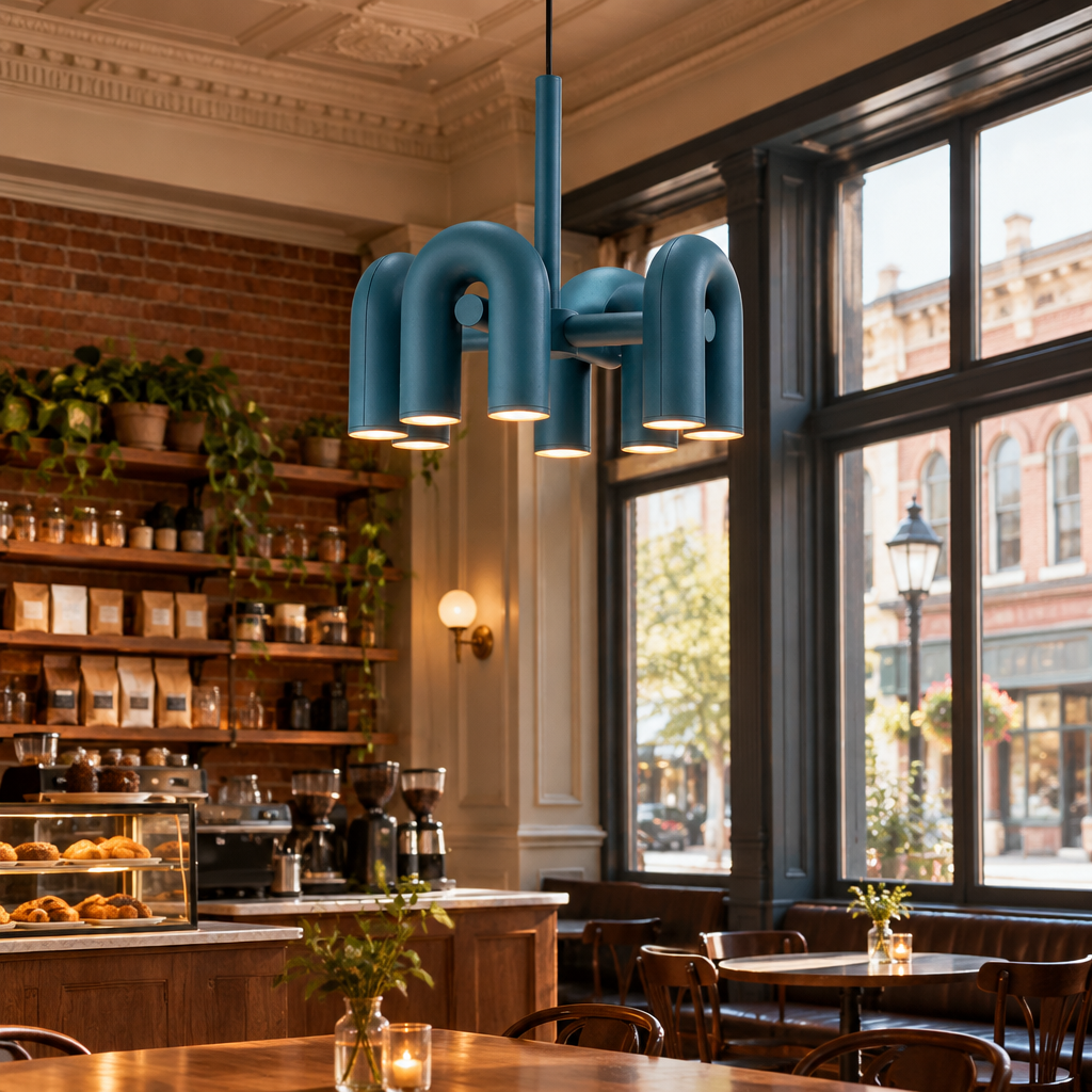 Zuri Modern LED Chandelier, 4 Lights Blue, in a coffee shop in a historic Main Street storefront