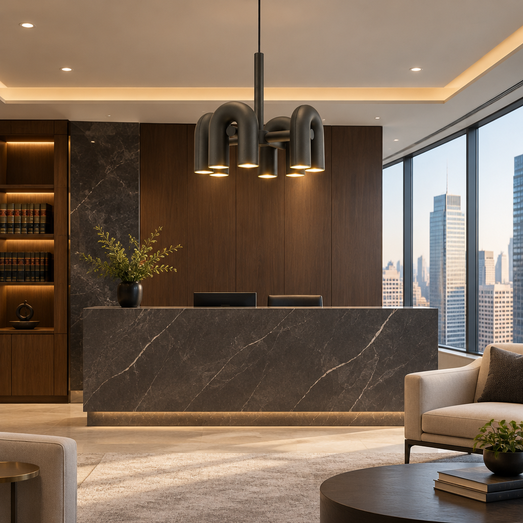 Zuri Modern LED Chandelier, 4 Lights Black, in a modern law office reception area in a U.S. high rise