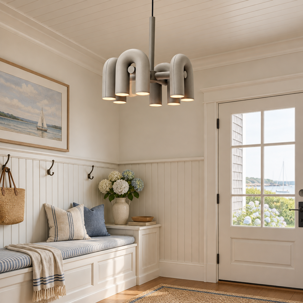 Zuri Modern LED Chandelier, 4 Lights Gray, in a coastal New England cottage entryway with beadboard and a bench