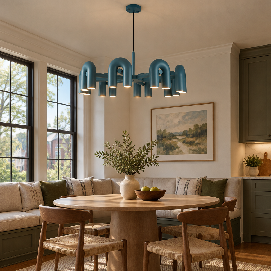 Zuri Modern LED Chandelier, 8 Lights Blue, in an Atlanta townhouse breakfast nook with a round table