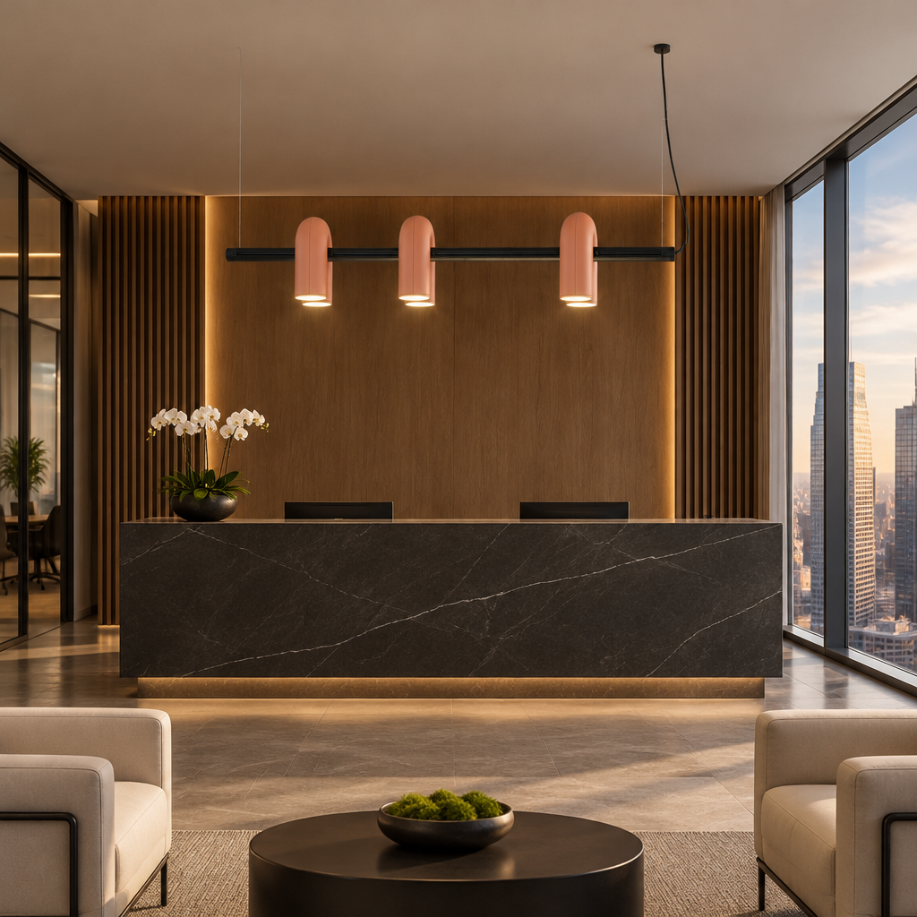 Zuri Modern LED Chandelier, 3 Lights Orange, in a modern law office reception area in a U.S. high rise
